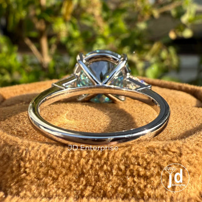 7.50 CT Portuguese Cyan Blue Moissanite Engagement Ring, Three Stone Wedding Ring, Side Tapered Baguette Moissanite, Anniversary Gifts