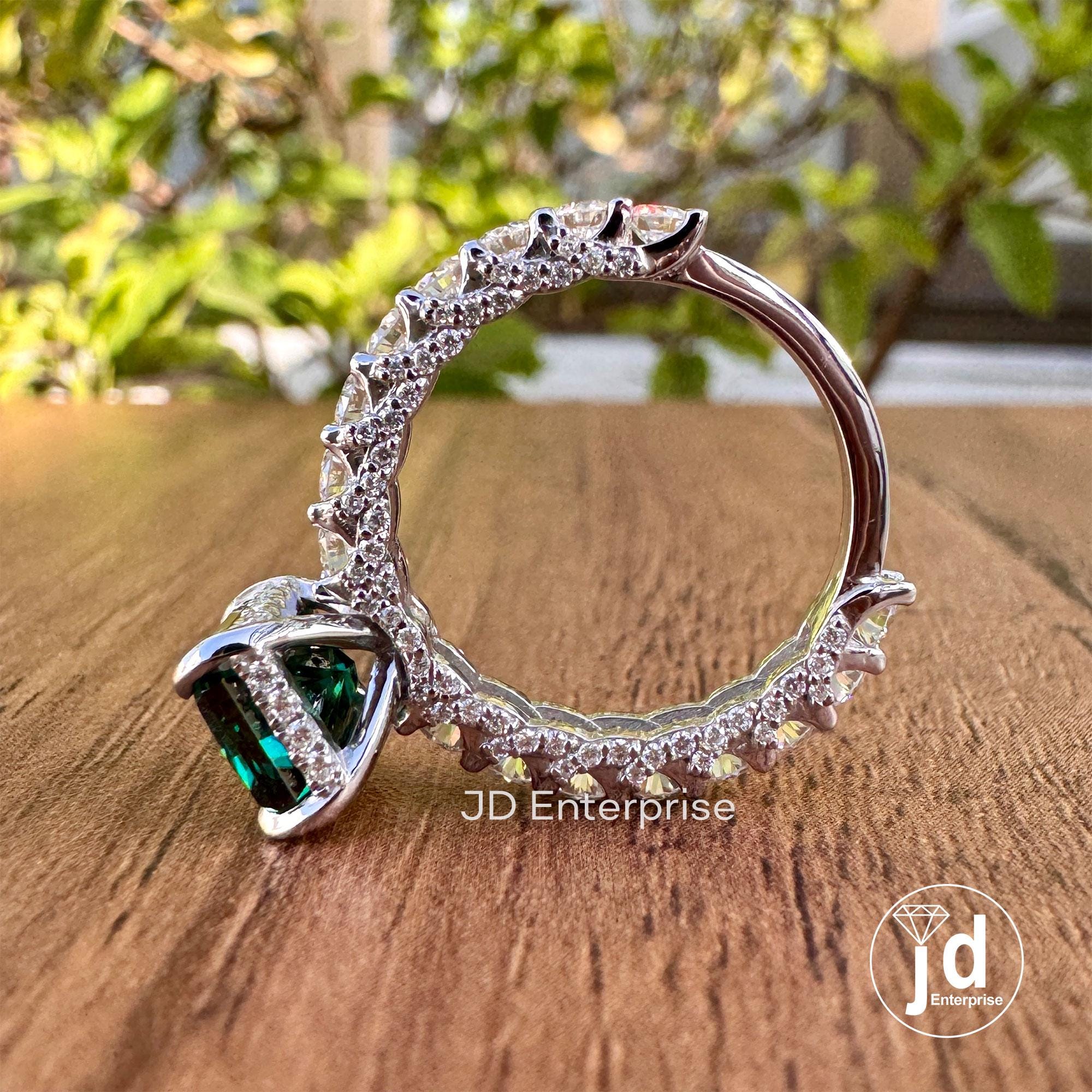 Fancy Dark Green Radiant Cut Moissanite Engagement Ring, Hidden Halo Wedding Ring, Three Side Pave Ring, Anniversary Ring for Women