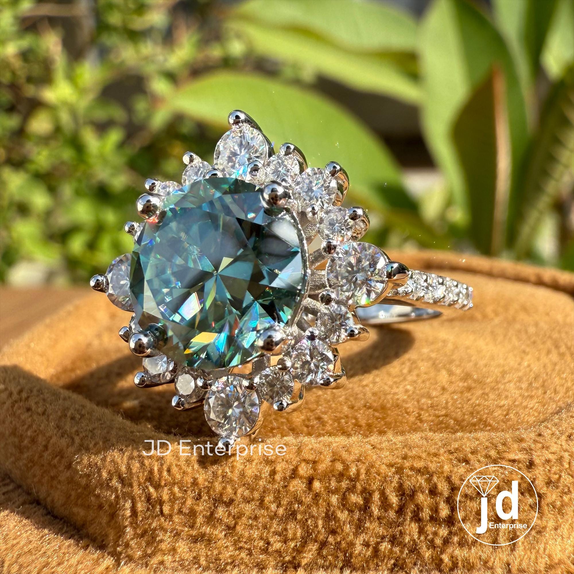 3.50 CT Round Cut Bluegreen Moissanite Engagement Ring, Vintage Halo Anniversary Gifts Ring, Flower Design Cluster Wedding Rings for Women