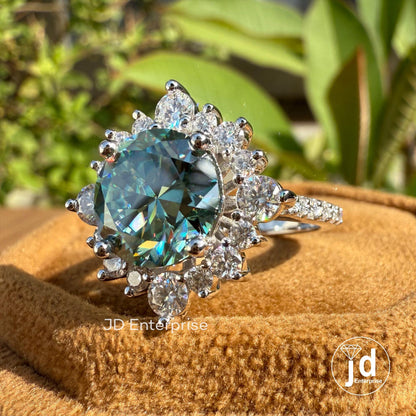 3.50 CT Round Cut Bluegreen Moissanite Engagement Ring, Vintage Halo Anniversary Gifts Ring, Flower Design Cluster Wedding Rings for Women