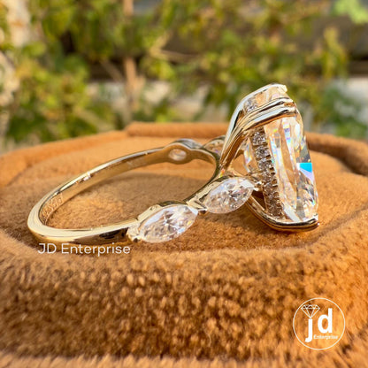 5.00 CT Colorless Elongated Cushion Cut Engagement Ring, Marquise Accent Stone Wedding Ring, Hidden Halo Ring, Anniversary Gift Ring