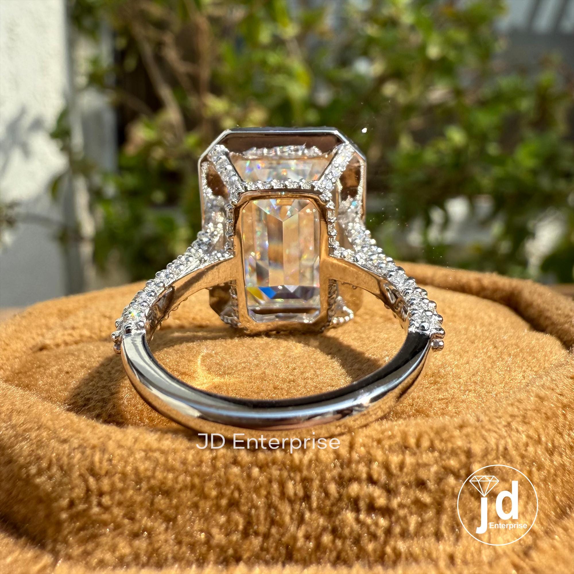 Big 11.00 CT Emerald Cut Colorless Moissanite Engagement Ring, Halo with Hidden Halo Wedding Ring, Celebrity Style Three Side Pave Ring