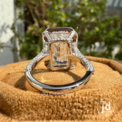 Big 11.00 CT Emerald Cut Colorless Moissanite Engagement Ring, Halo with Hidden Halo Wedding Ring, Celebrity Style Three Side Pave Ring