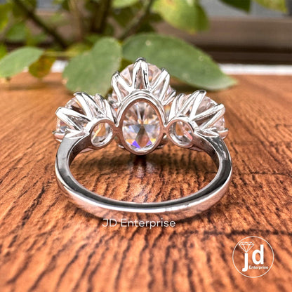 8.00 TW Colorless Oval and Round Old Mine Cut Moissanite Ring, Vintage Style Engagement Ring, Three Stone Wedding Ring, Celebrity Style Ring