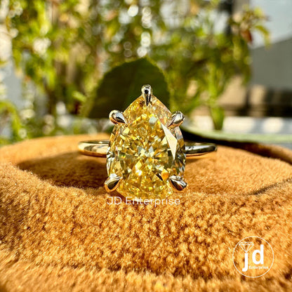 2.81 CT Canary Yellow Pear Moissanite Engagement Ring, Solitaire Ring for Women, Five Prongs, Yellow Gold Ring, Teardrop Ring Wedding Ring