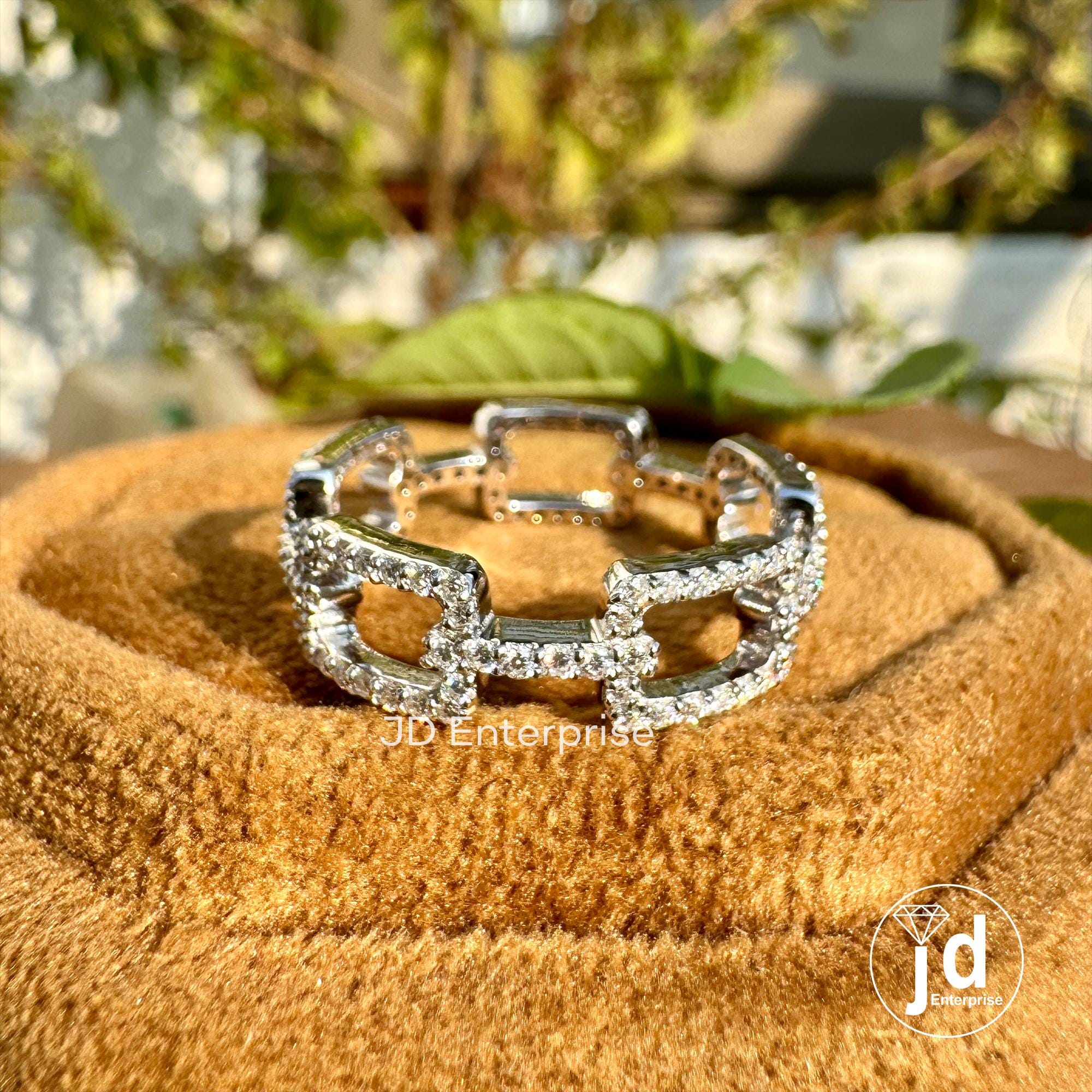 Micro Pave Chain Link Band, 0.63 TW Round Moissanite Rectangular Chain Full Eternity Wedding Band, Bridal Set, Stackable Engagement Band