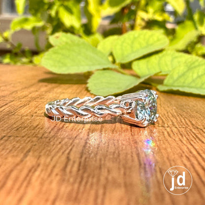 1.00 CT Round Cut Cyan Bule Moissanite Solitaire Engagement Ring, Claw Prongs, Twisted Rope Band, Wedding Ring, Anniversary Gift