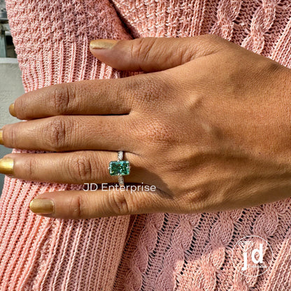 2.25 CT Green Radiant Moissanite Engagement Ring, Hidden Halo Wedding Ring, Compass Set Prongs Milgrain Ring, With Accent Stone Bridal Ring