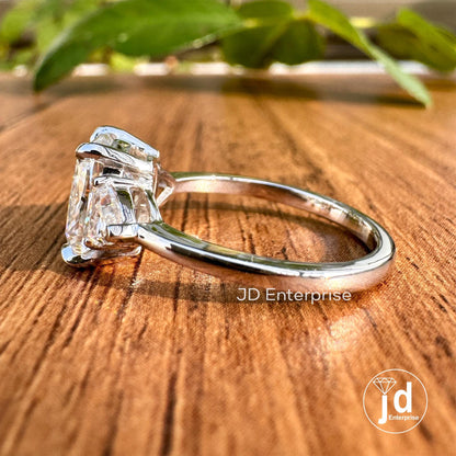 Ice Crushed Cushion Cut Moissanite Diamond Ring, 2.50 TW Three Stone Engagement Ring, Wedding Ring, Trillion Moissanite Ring, Promise Ring
