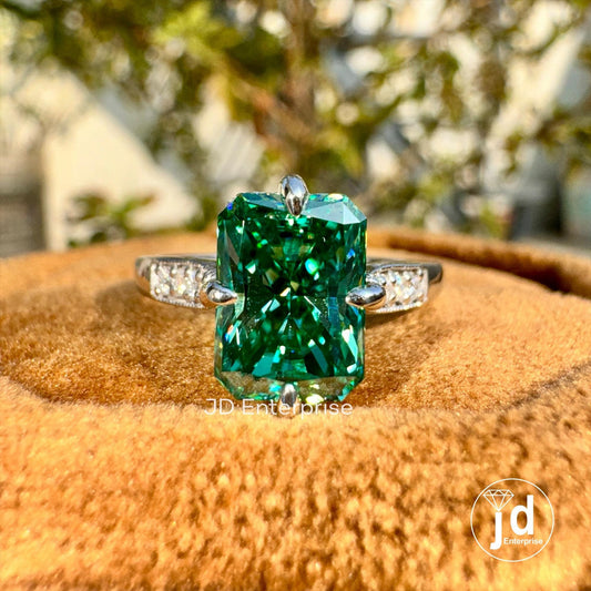 2.25 CT Green Radiant Moissanite Engagement Ring, Hidden Halo Wedding Ring, Compass Set Prongs Milgrain Ring, With Accent Stone Bridal Ring