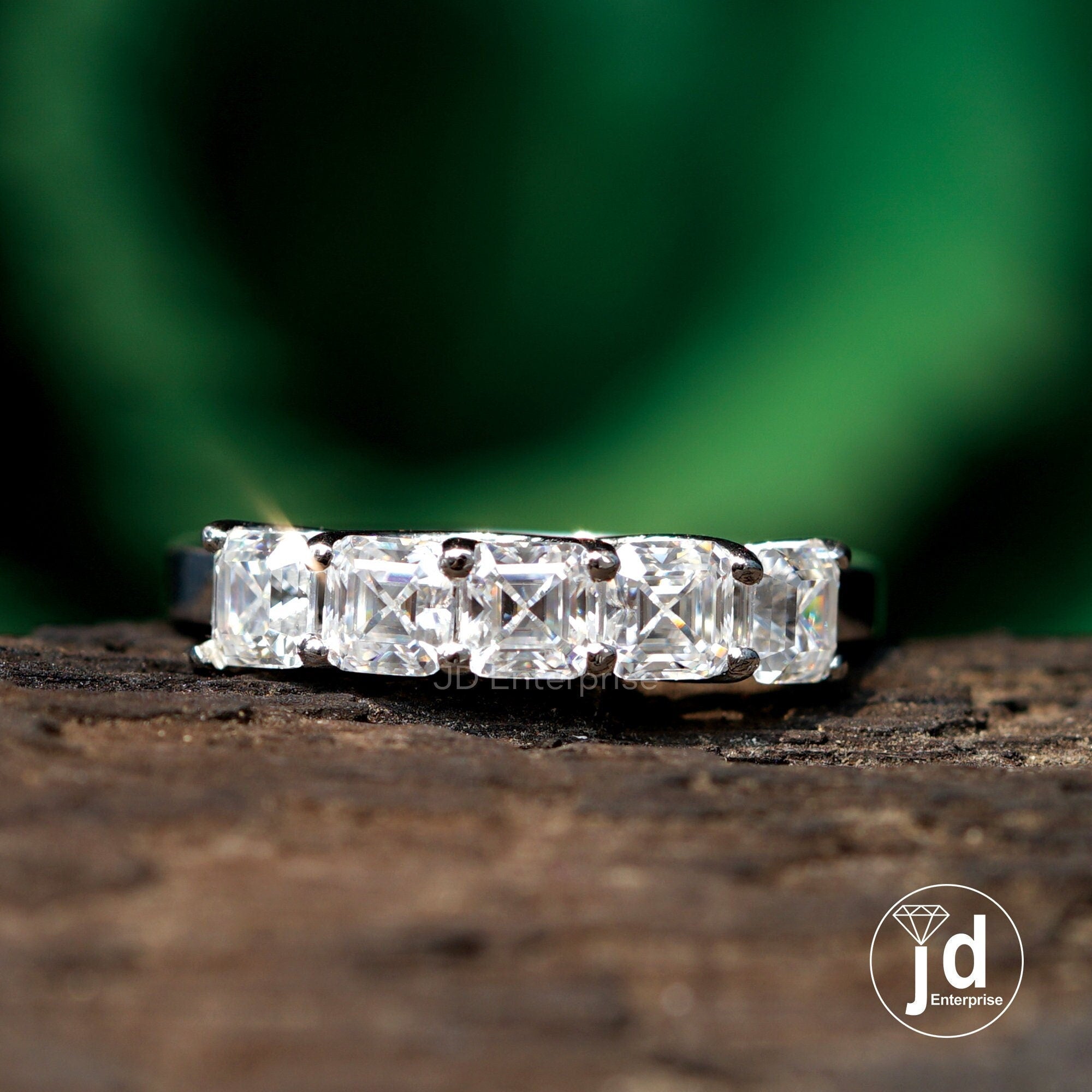 Asscher Cut Moissanite Wedding Band, Five Stone Moissanite Proposal Band, Trellis Setting Shared Prong, Engagement Band, Bridal Band