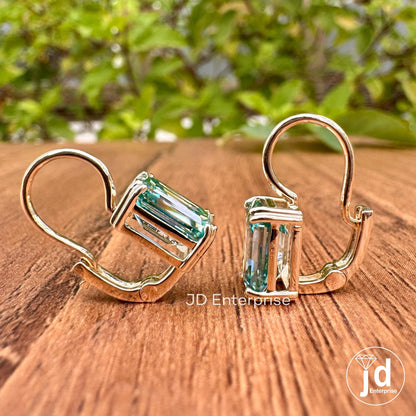 4.70 TCW Bluegreen Emerald Cut Moissanite Earrings, Moissanite Wedding Earrings, Emerald Cut Dangle Earrings, 10kt Yellow Gold Earrings