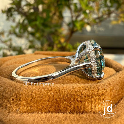 6.50 CT Sparkling Round Cut Cyan Blue Moissanite Engagement Ring, Hidden Halo Ring, Petite Pave Wedding Ring, Anniversary Gift Ring