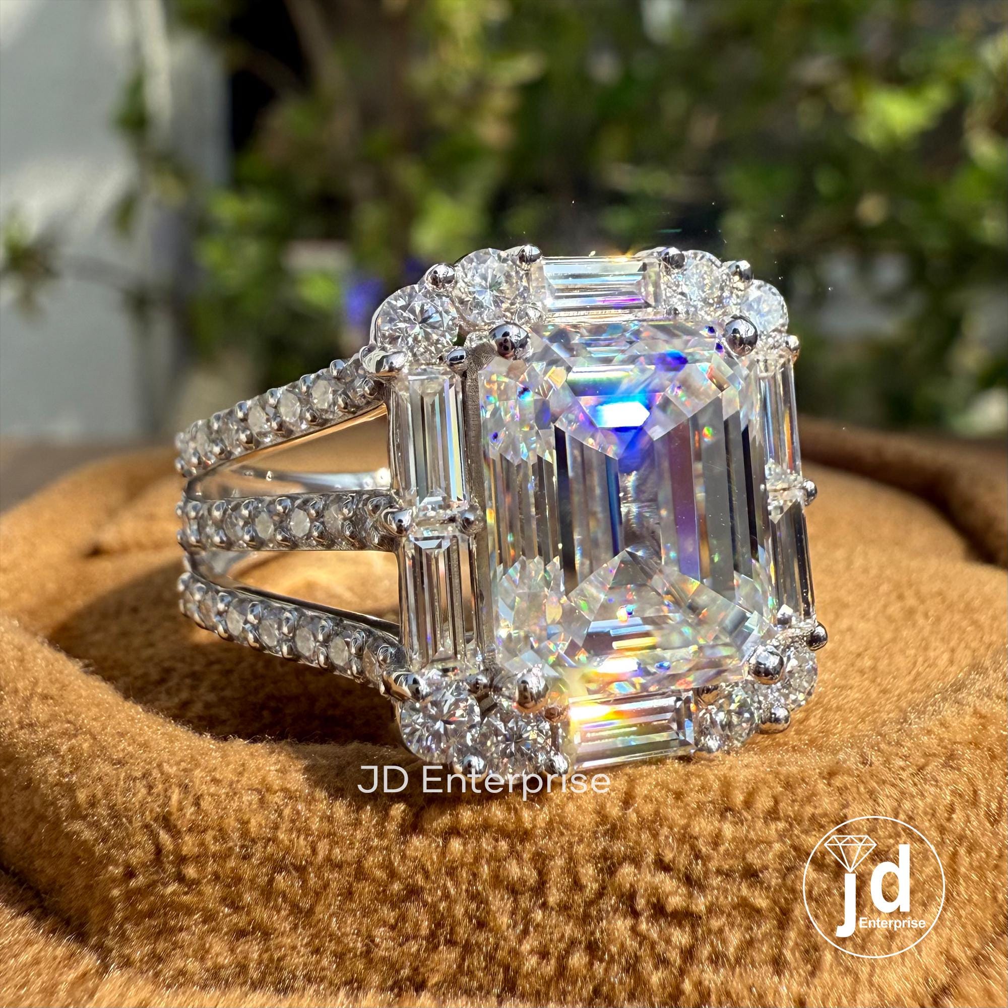 Big Emerald Cut 5.0 CT Colorless Moissanite Engagement Ring, Baguette & Round Halo Wedding Ring, Pave Split Shank Large Celebrity Style Ring