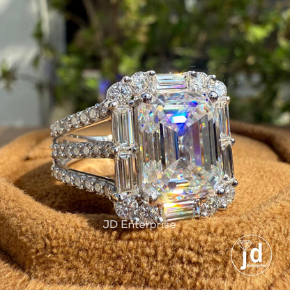 Big Emerald Cut 5.0 CT Colorless Moissanite Engagement Ring, Baguette & Round Halo Wedding Ring, Pave Split Shank Large Celebrity Style Ring