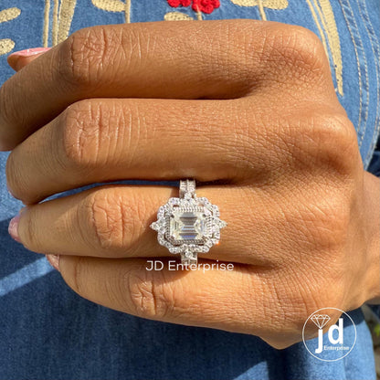 2.0 TW Emerald Cut Moissanite Vintage Engagement Ring, Flower Style Halo Wedding Ring, Milgrain Detailing Ring, Two Row Pave Set Bridal Ring
