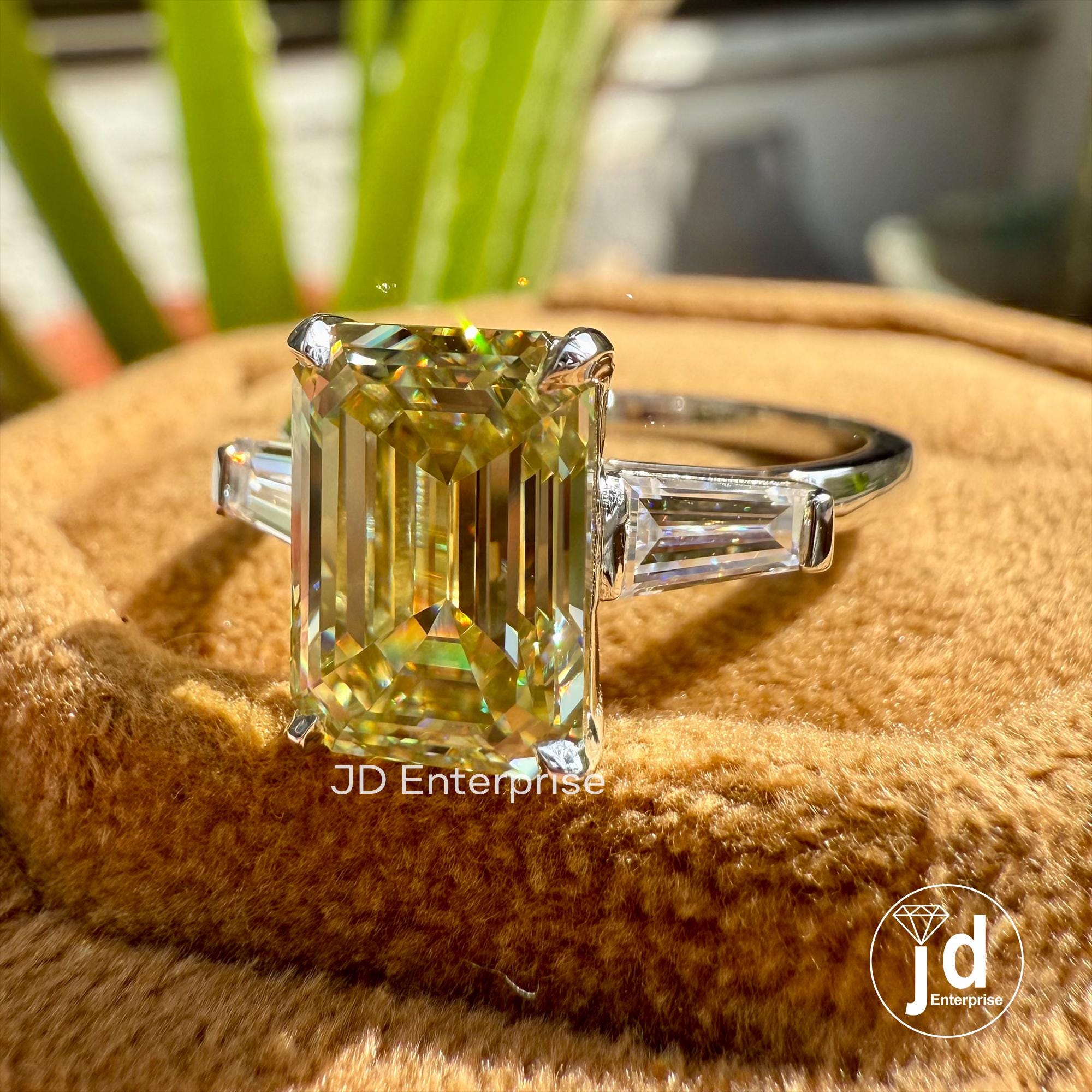 3.00 CT Emerald Cut Canary Yellow Moissanite Engagement Ring, Three Stone Wedding Ring, Side Tapered Baguette, Comfort Fit Anniversary Ring