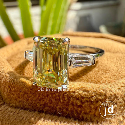 3.00 CT Emerald Cut Canary Yellow Moissanite Engagement Ring, Three Stone Wedding Ring, Side Tapered Baguette, Comfort Fit Anniversary Ring