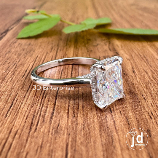 2.50 TCW Radiant Cut Engagement Ring, Hidden Halo Engagement Ring, Solitaire Wedding Ring, Invisible Halo & Bridge Accent Ring, Propose Ring