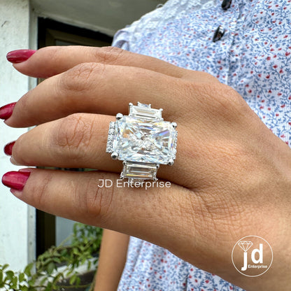 10.34 TCW Colorless Radiant Cut Moissanite Ring, Five Stone Moissanite Wedding Ring, Half Halo Ring for Women, Moissanite Engagement Ring
