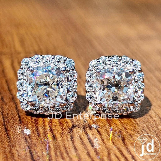 Cushion Cut Moissanite Earrings for Women, Screw Back Earrings, Anniversary Gifts, Halo Moissanite Bridal Earrings, Wedding Earrings