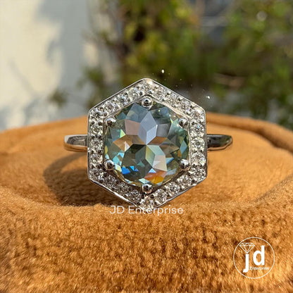 1.50 CT Flower Rose Cut Round Bluegreen Moissanite Ring, Hexagonal Shape Halo Engagement Ring, Six Prong Setting, Promise Rings for Her
