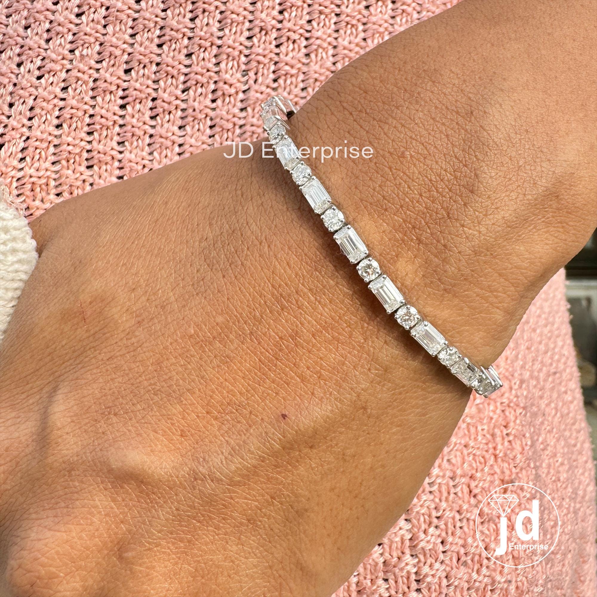 Moissanite Tennis Bracelet, East to West Set Emerald & Round Cut Wedding Bracelet, Box Lock Set, Engagement Bracelet for Women, Bridal Set