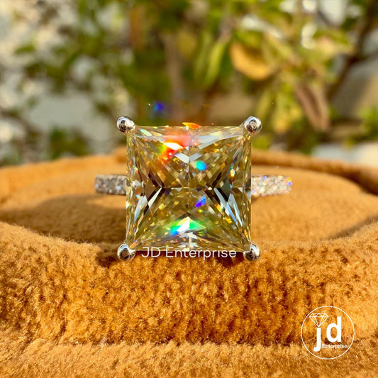 Vintage 3.00 CT Princess Cut Canary Yellow Moissanite Engagement Ring, Pave Wedding Ring, Anniversary Gift, Bridal Ring, Proposal Ring