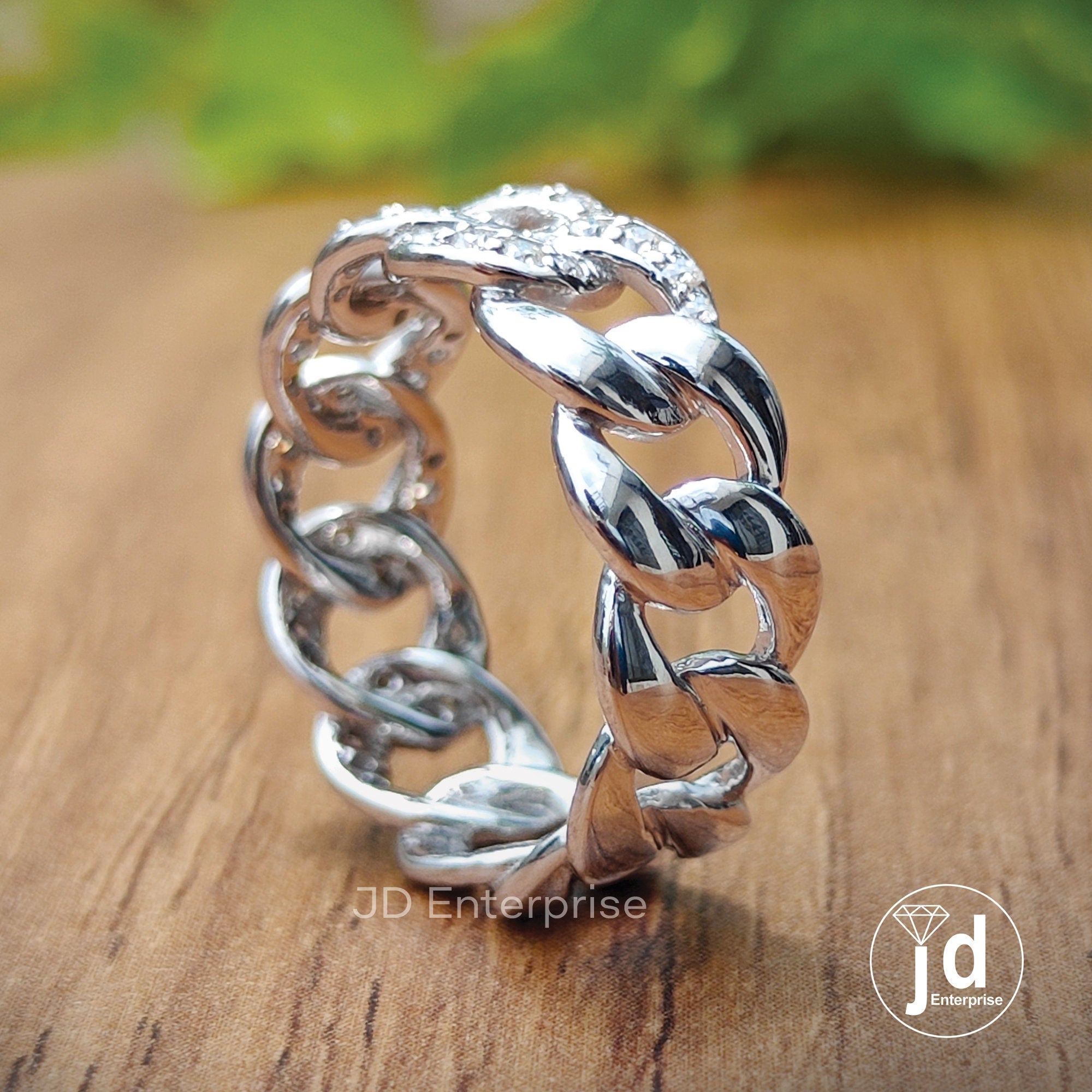 Mexican Cuban Link Ring, Colorless Fiery Round Brilliant Cut Moissanite Wedding Band for Groom, Men's Band, Half Eternity Ring for Him