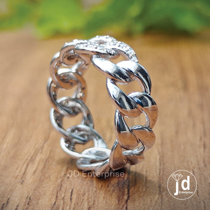 Mexican Cuban Link Ring, Colorless Fiery Round Brilliant Cut Moissanite Wedding Band for Groom, Men's Band, Half Eternity Ring for Him