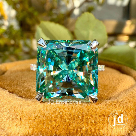 11.88 TCW Large Radiant Cut Cyan Blue Moissanite Engagement Ring, Hidden Halo Wedding Ring, Anniversary Ring, Celebrity Style Bridal Ring