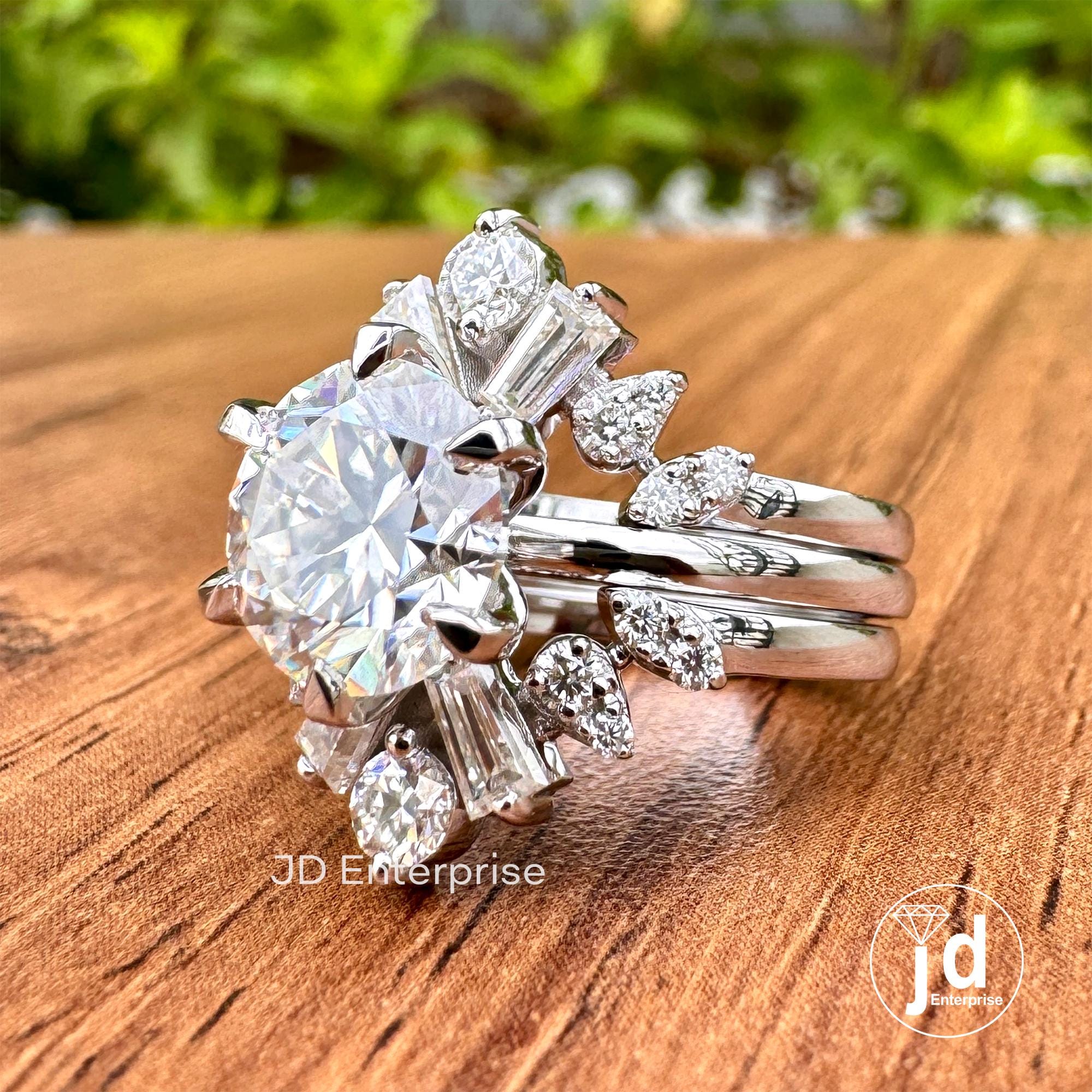 2.50 CT Round Cut Colorless Moissanite Engagement Ring with Baguette and Round Two Matching Wedding Band, Anniversary Set, Trio Bridal Set