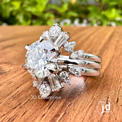 2.50 CT Round Cut Colorless Moissanite Engagement Ring with Baguette and Round Two Matching Wedding Band, Anniversary Set, Trio Bridal Set
