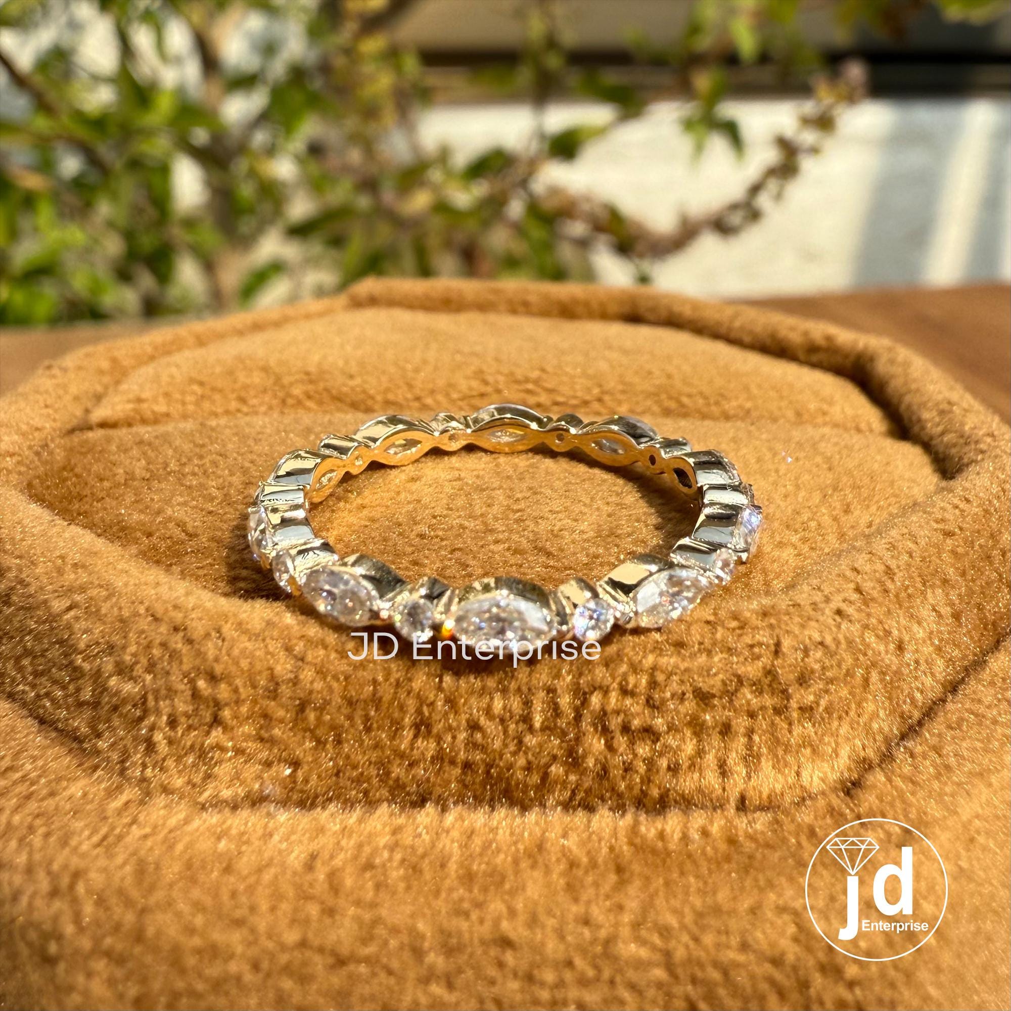 Alternating Moissanite Band, 0.77 TCW Marquise and Round Cut Colorless Moissanite Wedding Band, Full Eternity Band, Stackable Band, Bridal