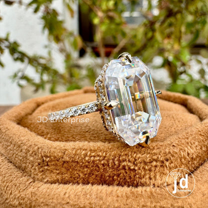 9.00 TCW Old Mine Emerald Cut Moissanite Engagement Ring, Hidden Halo Wedding Ring, Large Solitaire Celebrity Style Bridal Ring, Donut Pave