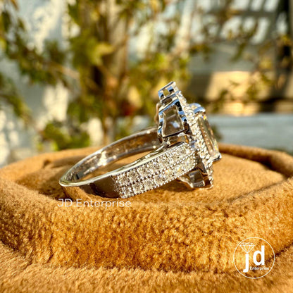2.0 TW Emerald Cut Moissanite Vintage Engagement Ring, Flower Style Halo Wedding Ring, Milgrain Detailing Ring, Two Row Pave Set Bridal Ring