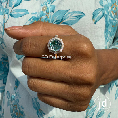 3.0 CT Portuguese Cut Cyan Blue Moissanite Ring, Vintage Style Engagement Ring, Baguette and Round Halo Ring, Wedding Ring, Anniversary Gift
