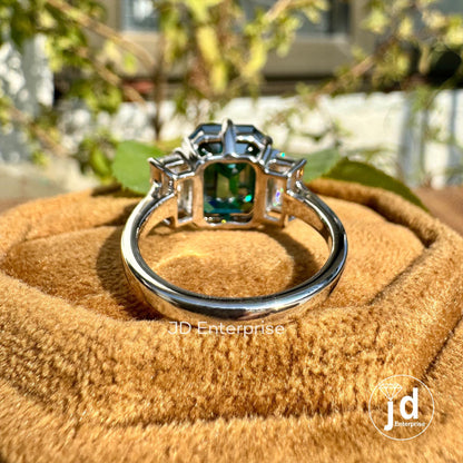 6.00 TW Emerald Cut Fancy Dark Green Moissanite Engagement Ring, Three Stone Wedding Ring, Side Stone Baguette, Anniversary Gift Bridal Ring