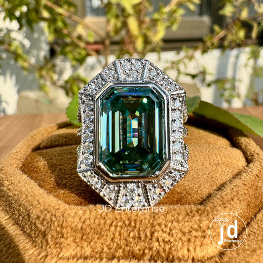 6.50 CT Bezel Set Emerald Cut Bluegreen Moissanite Engagement Ring, Celebrity Style Halo Wedding Ring, Split Pave Bridal Ring, Anniversary
