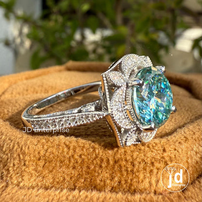 2.50 CT Cyan Blue Portuguese Halo Engagement Ring, Art Deco Wedding Ring, Nature Inspired Floral Ring, Vintage Filigree Anniversary Ring