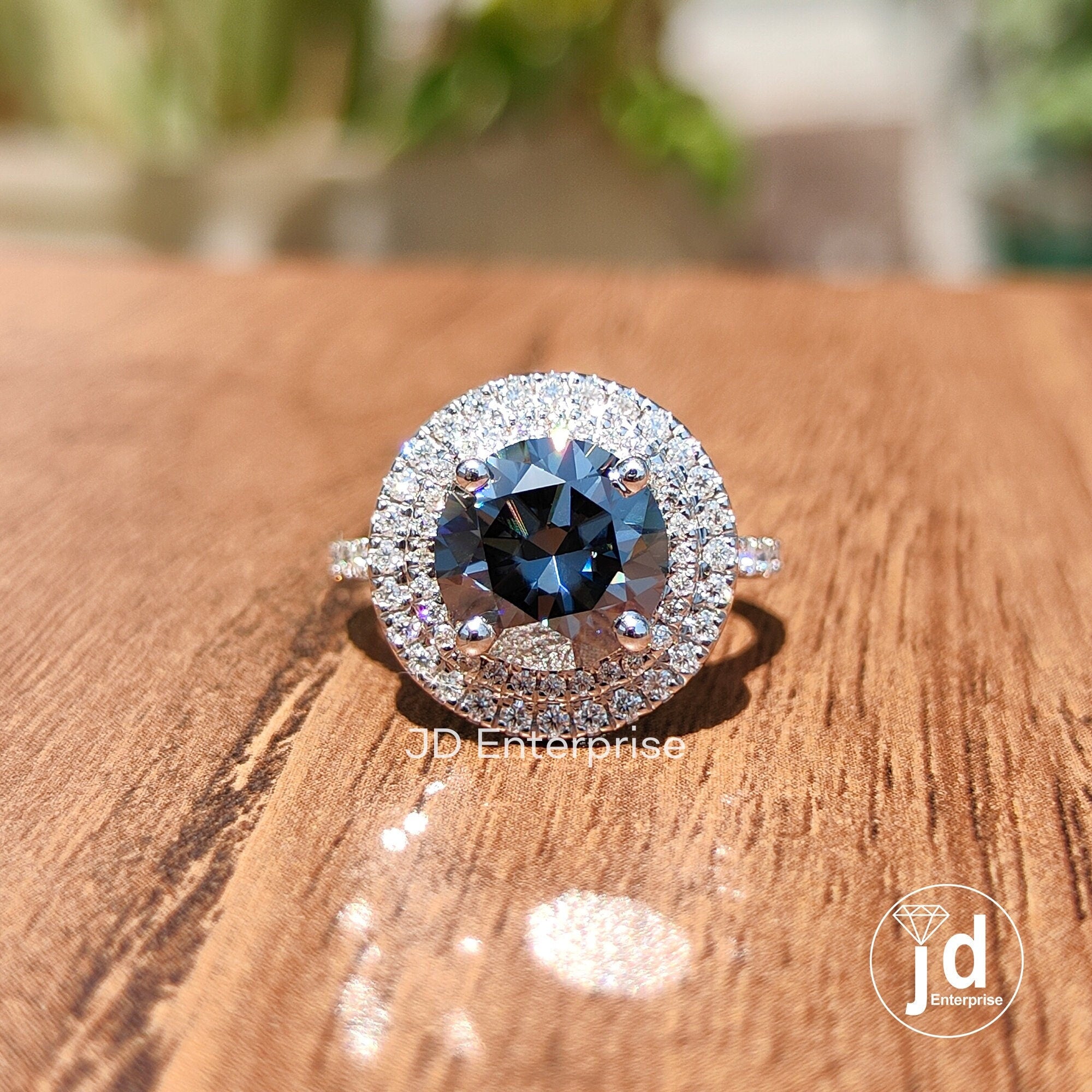 2.50CT Grey Round Cut Moissanite Engagement Ring, Pave Set Wedding Ring, Double Halo Bridal Ring, Art Deco Ring for Women, Anniversary Ring