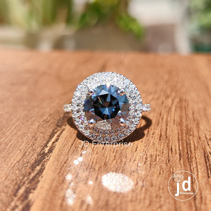 2.50CT Grey Round Cut Moissanite Engagement Ring, Pave Set Wedding Ring, Double Halo Bridal Ring, Art Deco Ring for Women, Anniversary Ring