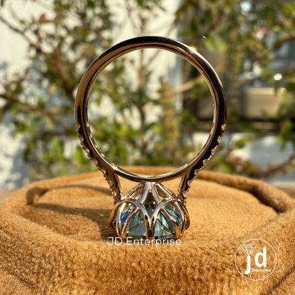 Vintage Engagement Ring, 4.00 CT Portuguese Cut Cyan Blue Moissanite Ring, Claw Prongs Rose Gold Wedding Ring, Accent Anniversary Gifts