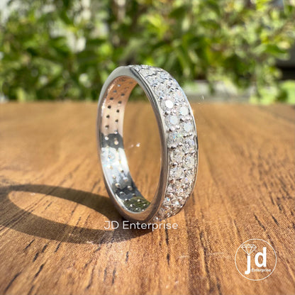 Round Moissanite Band, Colorless Moissanite Wedding Band, Double Row Eternity Band, Full Eternity Engagement Band, Stackable Matching Band