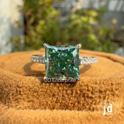 2.00 CT Bluegreen Princess Cut Moissanite Pave Engagement Ring, Wedding Ring, Claw Prongs, Anniversary Gift, Bridal Ring, Proposal Ring