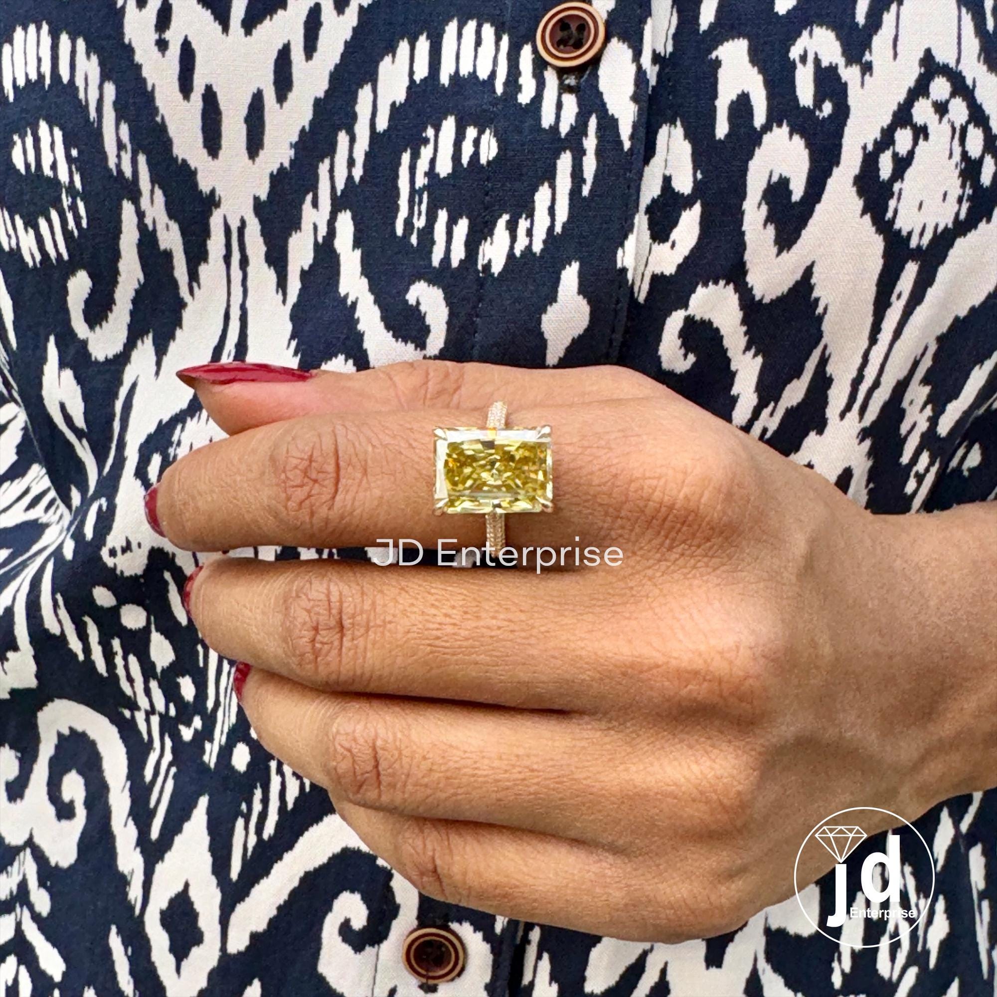 8.00 CT Big Radiant Cut Canary Yellow Moissanite Engagement Ring, Three Side Pave Wedding Ring, Hidden Halo Bridal Ring, Peekaboo Setting