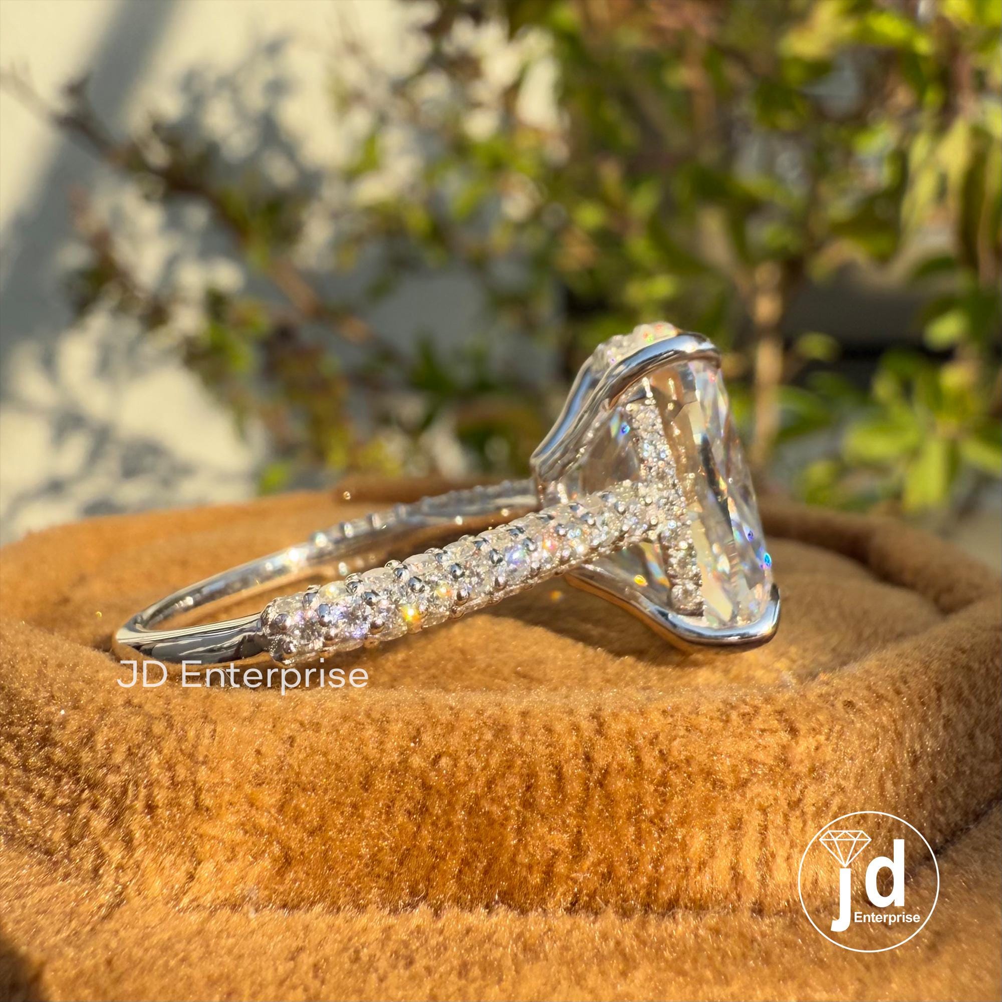 7.00 CT Colorless Elongated Cushion Cut Moissanite Engagement Ring, Three Row Micro Pave Wedding Ring, Hidden Halo Ring, Accent Bridal Ring
