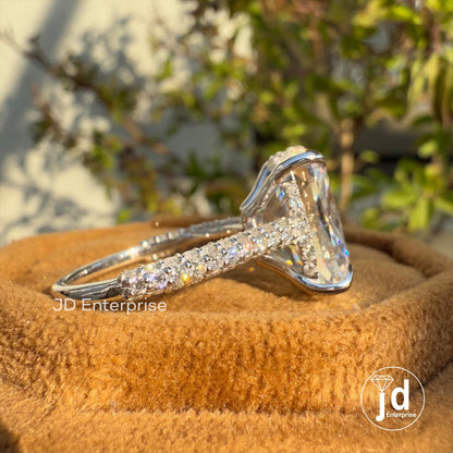 7.00 CT Colorless Elongated Cushion Cut Moissanite Engagement Ring, Three Row Micro Pave Wedding Ring, Hidden Halo Ring, Accent Bridal Ring