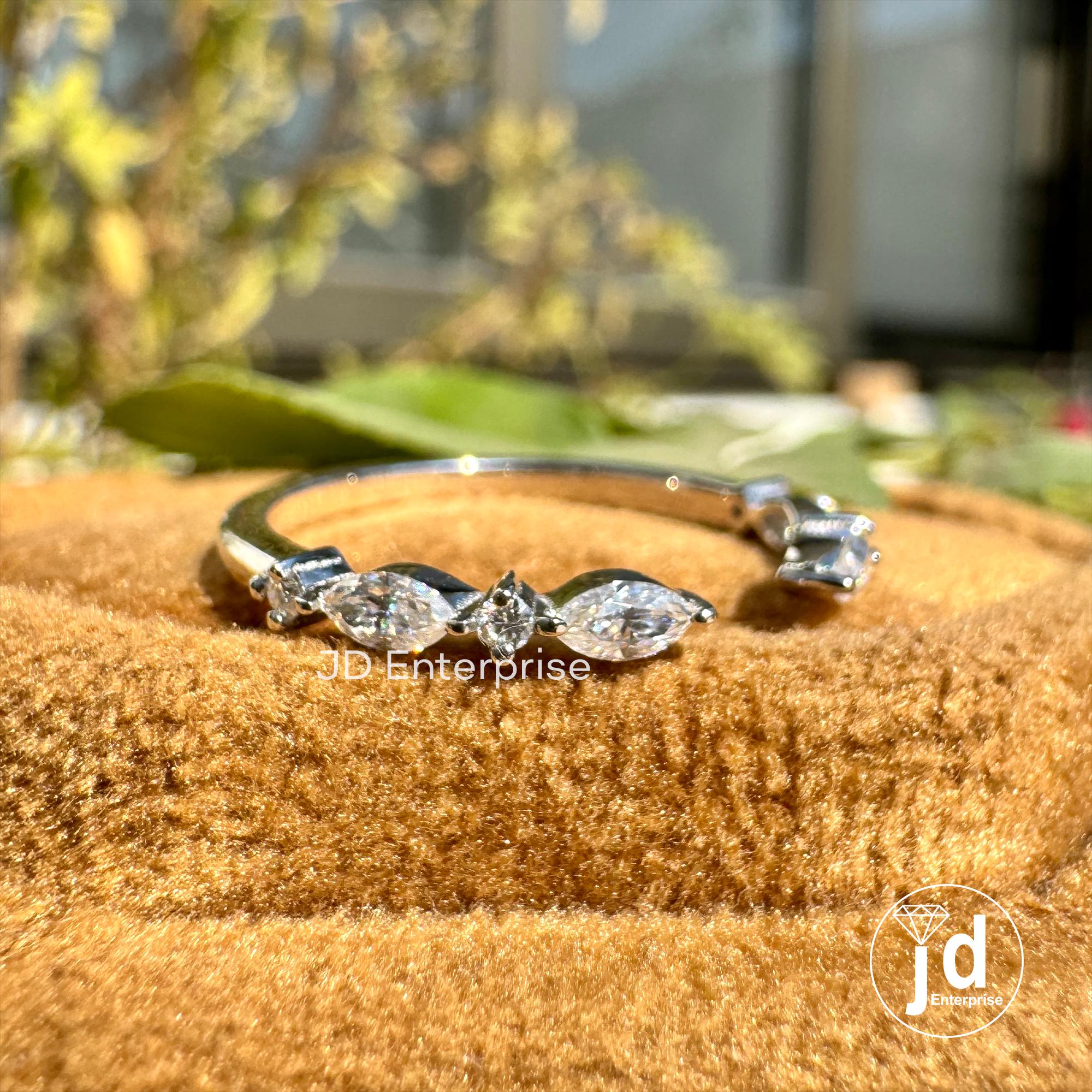 Minimalist Open Gap Wedding Band, 0.30TW Marquise & Round Moissanite Engagement Band, Half Eternity Band, Stackable Matching Band for Women