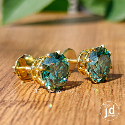 Green Moissanite Earrings, Moissanite Stud Earrings, 3.50 TW Round Moissanite Earrings, 8 Secure Prong, Vintage Bridal Earrings for Women